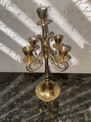 Antique  Ornate 5 Candle Cast Gold Brass Candelabra Victorian 9 and 1/4 in Tall