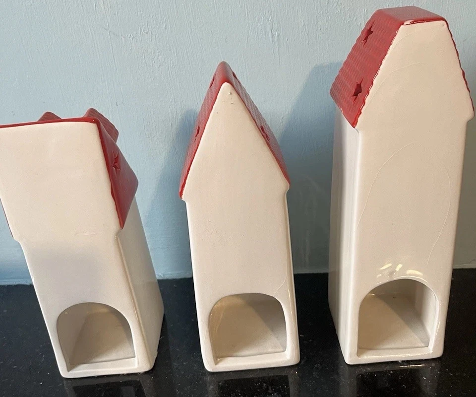 Set Of Three Pottery Village Tealight  Holders In Red And White - Image 2 of 4