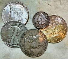A Walking Liberty, two Kennedys & a Franklin (D) Half Dollars & Indian Head Cent