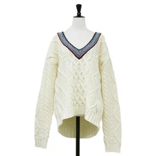 CABaN Knit White Size: M 23 Fall Winter Wool Hand Cable V-neck Used BEEG-0