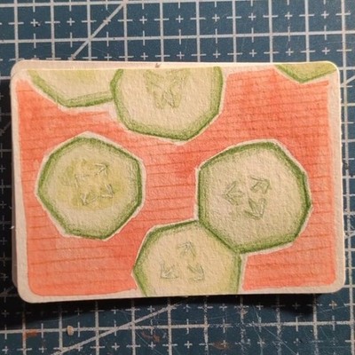 ACEO Original, Sliced Cucumber, Gouache painting by Yeahtessy