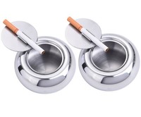 2X Aschenbecher Edelstahl Stainless Steel Rund Windaschenbecher Mit Klappdeckel