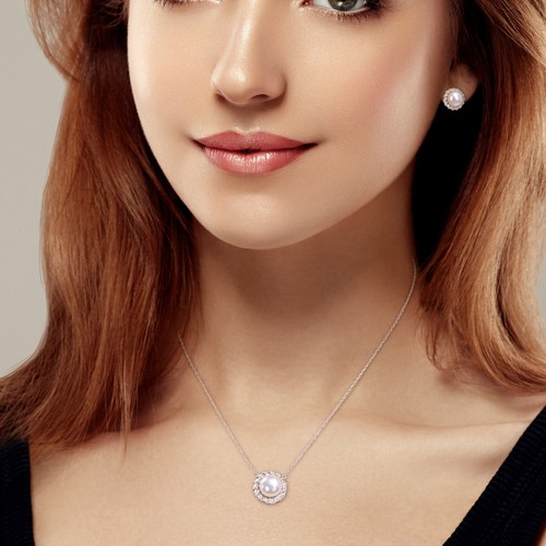 Amour Silver FW Pearl & Created White Sapphire Halo Earrings & Necklace Set - Picture 5 of 6