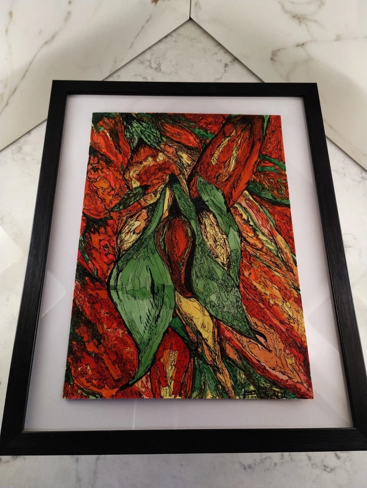 Pintura moderna acrílica firmada original enmarcada papel pesado audaz floral rojo verde Foto 4 de 4