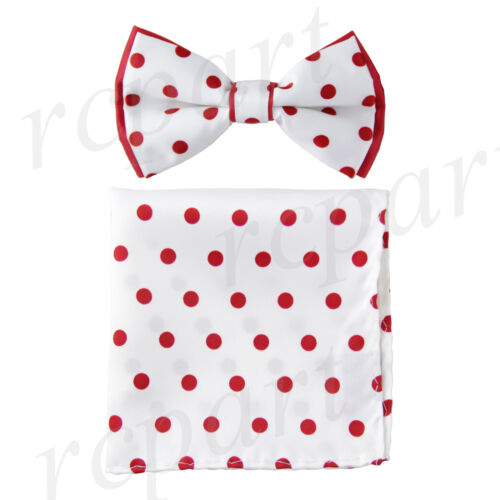 New men's pre-tied polka dot two tone bowtie hankie set red white formal party - Picture 1 of 4