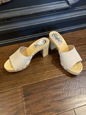 Vtg Candie's Platform Sandals Shoes Y2K Chunky Heel Wood Leather Tan 6 1/2 Demi