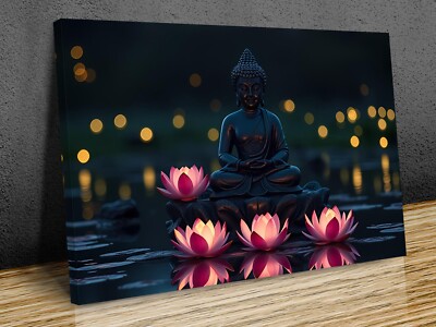 Buddha See Reflexionen Lotus aufgesetztes Leinwandbild fertig zum Aufhängen