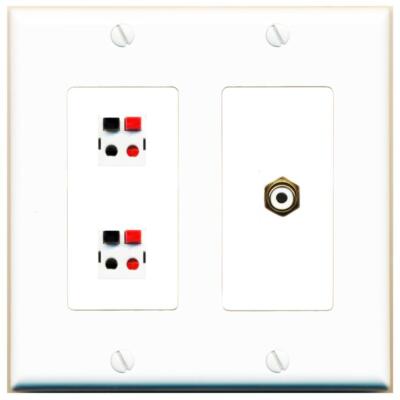 RiteAV 2 Port Speaker Wire Plug Jack Wall Plate+RCA for Subwoofer 2 Gang [White]