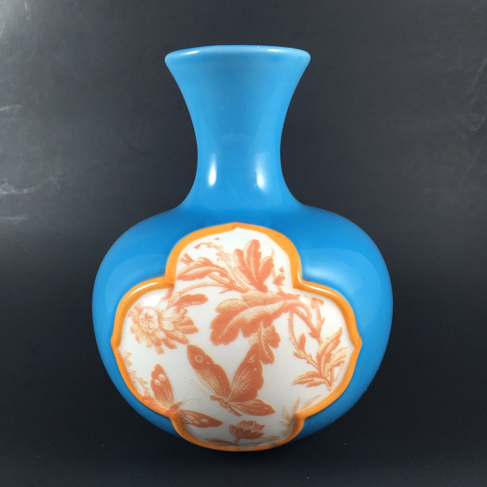 Anthropologie Porcelain Bud Vase GARDEN GLIMPSE Aqua Orange Toile Butterflies