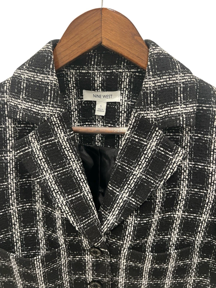 Nine West Women’s Tweed Cropped Blazer Jacket Black White Plaid Size S - Image 4 of 4