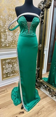 Crystal Unique Prom Formal Strapless Gown Satin Emerald Green Size 4