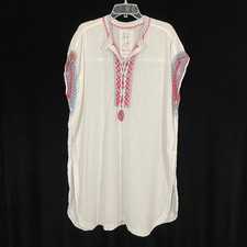 Johnny Was Kaftan Dress White Embroidered Cotton Linen Swim Cover-up L