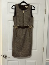 Michael Kors Dress Size 8 Brown Herringbone Belted Sheath Sleeveless