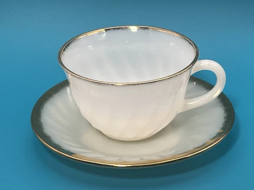 Anchor Hocking Fire-King 6 oz Cup and Saucer Swirl Design Gold Rim - Multiples