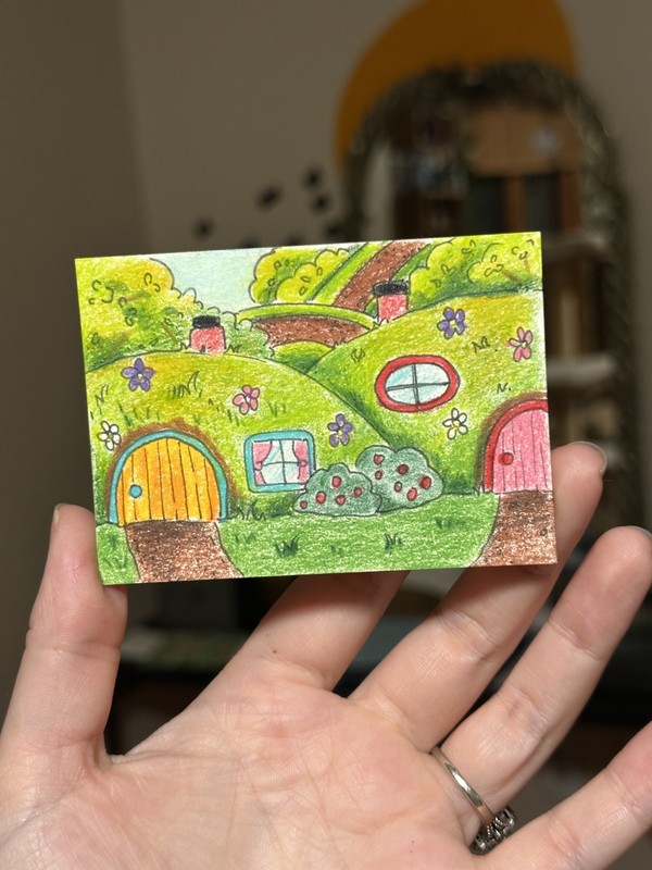 ACEO Original Fantasy Hill Houses Ink and Colored Pencil Cartoon Town 2.5x3.5