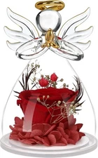 Preserved Flower Rose in Glass Angel Figurines,Mothers Day Gifts for Red 