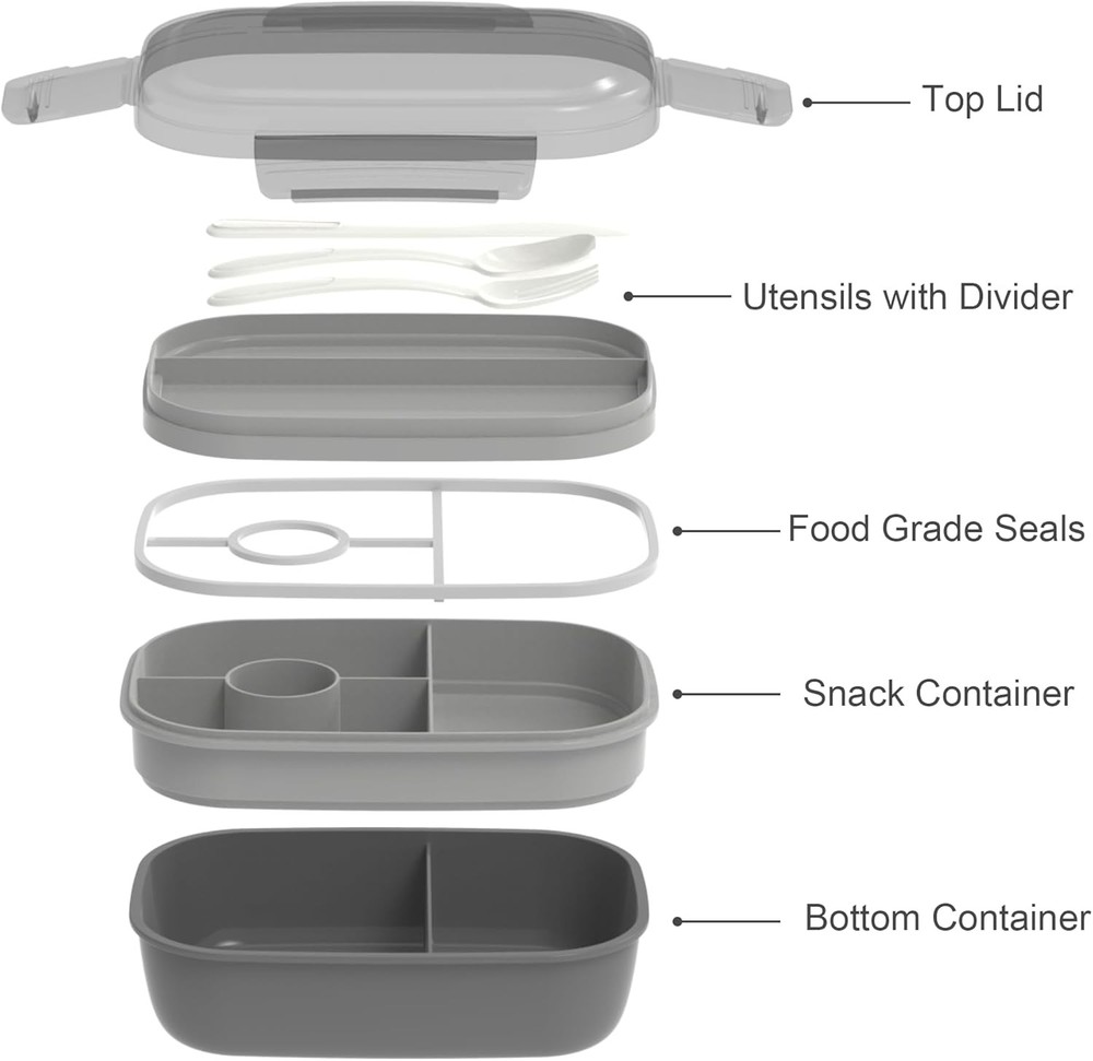 Stackable Bento Box Set - 3 Leak-Proof BPA-Free Containers in Grey & Black