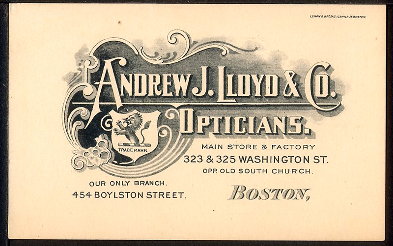 1895 Boston ANDREW J. LLOYD & Co OPTICIANS Trade Card Street Map