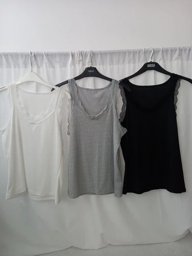 ❤️ 3 X Ladies Ribbed Vests With Lace Detail Size Medium Bnwot