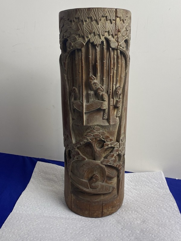 Antique Chinese Carved Bamboo Bitong Brush Holder/ Vase High Relief 12-7/8" Tall