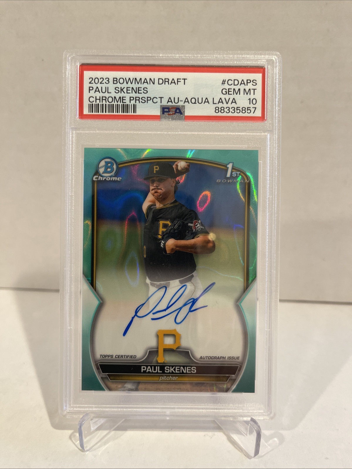 2023 BOWMAN DRAFT CHROME PRSPCT AUTO AQUA LAVA #CDAPS PAUL SKENES 117/199 PSA 10