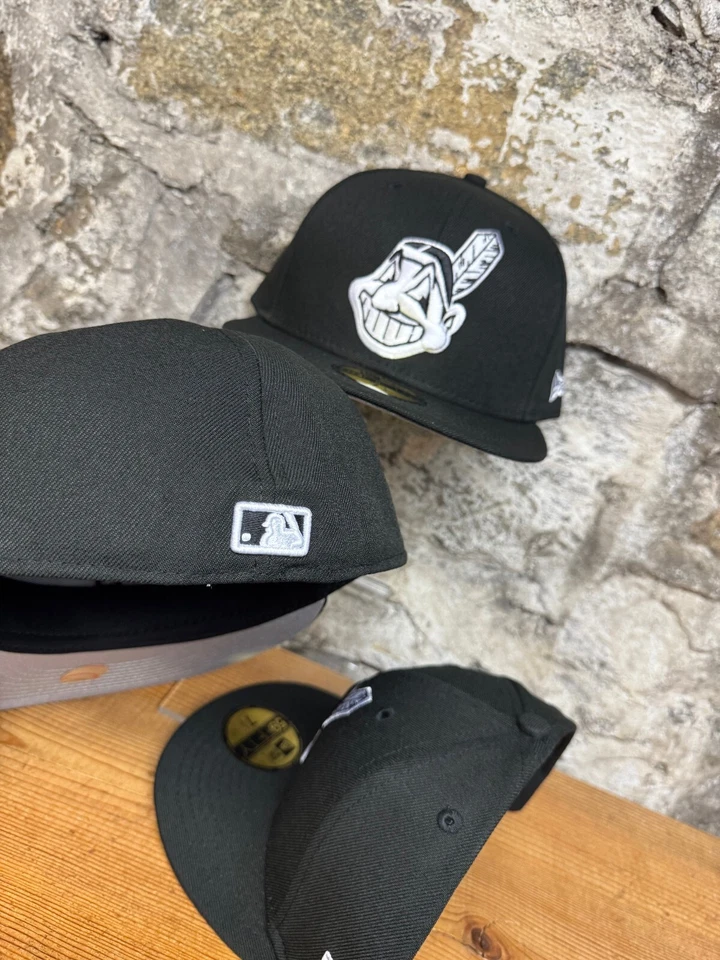 Cleveland Indians Wahoo Black New Era Fitted Club 59Fifty Hat White Custom NEW - Image 3 of 4