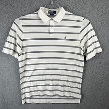 Ralph Lauren Polo Shirt Mens Large White Blue Striped Golf Fit Casual Supima