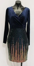 Chic Wish Women's Velvet Spliced V-Neck Sequins Cocktail Dress AC2 Navy Large 