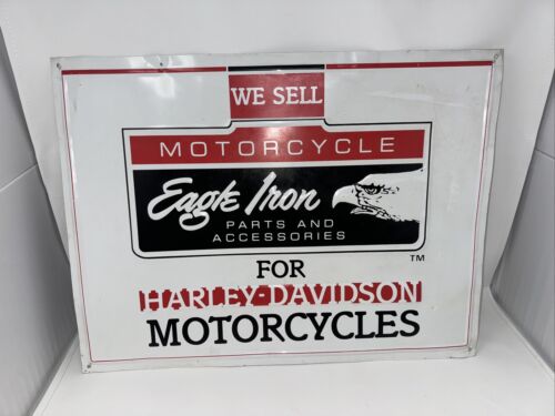 VINTAGE METAL EMBOSSED SIGN EAGLE IRON MOTORCYCLE PARTS FOR HARLEY DAVIDSON  - Picture 1 of 11