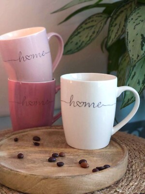 3er Set Tassen Becher Porzellan Weiß, Pink, Rosa, Schrift in Gold - HOME - 300ml