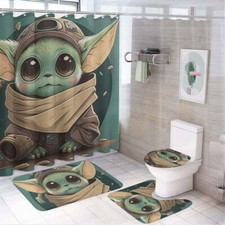 Baby YODA Cartoon Shower Curtain Set, YODA Cartoon Toilet Seat Cover Set