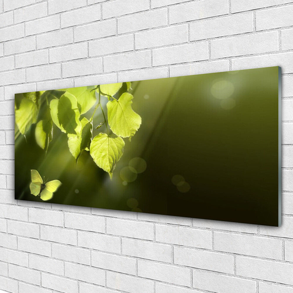 Tableau en verre acrylique 125x50 cm Motif Nature Feuilles et Papillon