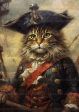 Captain Cat Pirate Sea Decor Nautical Whimsical Feline Portrait Art Print B42