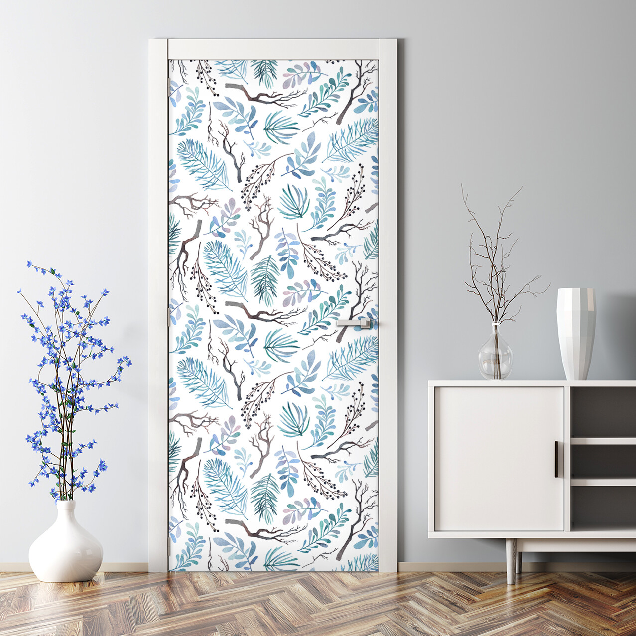 Winter Watercolor Branches Bubble-Free Door Sticker in White & Blue