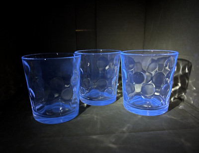3 Pasabahce Dots Pattern Lowball Bareware Whiskey Glasses Blue Manganese Glow