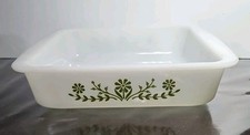 GlasBake 8" Baking Pan J2428 Milk Glass Green Daisy Square Casserole Kitchenware