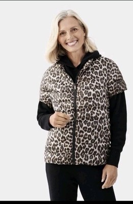New Martha Stewart Down Puffer Vest Jacket Leopard Full Zip Cap Sleeve 1X