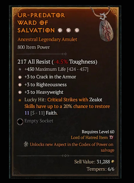 🌟🌟🌟DIABLO 4💍SEASON 11🔥LEGEN AMULET🔥3GA-HEAVY+RIGHTEOUS+CRACK ARMOR