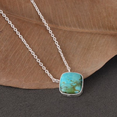 Genuine Turquoise Silver Necklace Cushion Cut Gemstone Pendant For Women's Gift