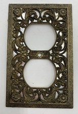 Vtg Filigree Outlet Wall Cover Antique Brass Ornate Plate MCM Mirrored W Screw