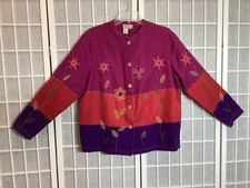 Coldwater Creek color block linen floral embroidered button-front jacket SZ XL