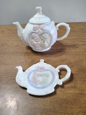 Vintage 1993 Precious Moments Teapot, Teabag Holder And Salt And Pepper Shakers