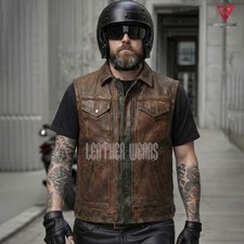 Men's Motorcycle Biker Vest Brown Distressed Real Cowhide Leather Conceal Carry