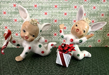 Vintage Polka Dot Pixie Bunny Figurines Japan SET OF 2 with accessories