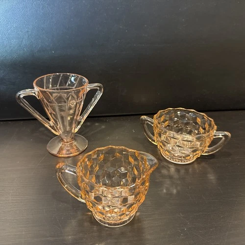Vintage  Jeannette Pink Depression Glass Creamer and Sugar Bowl Set Cubist