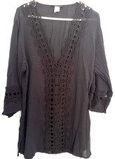 La Blanca Coverup Womens L Black Crochet Lace Tunic V Neck 3/4 Sleeve Swim Boho