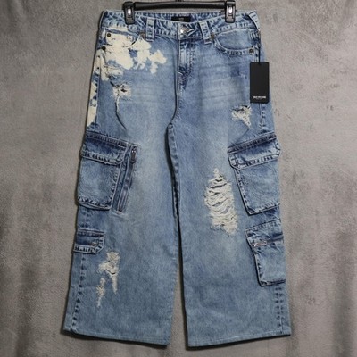 True Religion Destroy Bobbi Cargo Jeans Womens 31x26 Blue Wide Distressed Baggy