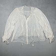 Mango Blouse Womens L White Tunic V-Neck Balloon Sleeve Sheer Polka Dot