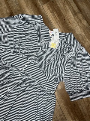 LuLaRoe Skyler Dress Pockets Puff Sleeves Blue White Stripe 3XL Elastic 24/26  