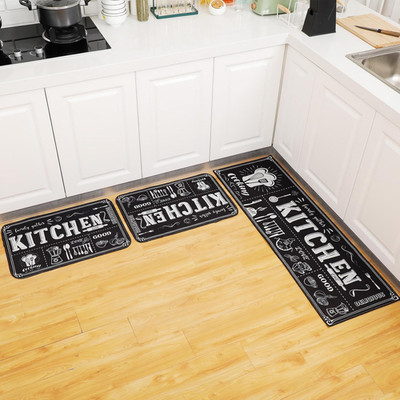 Sinmoe 3 Pcs Kitchen Rug Set Non Skid Thick Black Kitchen Rugs and Mats Stain Re